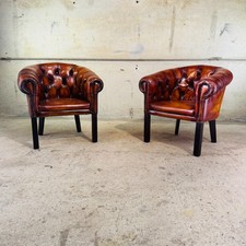 Pair of Elegant English Made Vintage Chesterfield Tan Leather Tub Chairs #A671