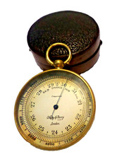 VINTAGE GILT BRASS POCKET BAROMETER MARKED ARMY & NAVY STORE LONDON w/ CASE