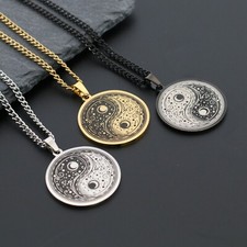 Yin Yang Tai Chi Black Gold Silver Pendant Stainless Steel Necklace Men Women