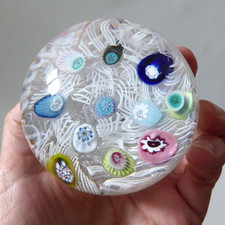 Vintage Strathearn Millefiori art glass paperweight, white lace scramble + canes
