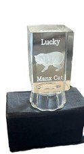 crystal block with a laser-engraved of a cat and the words "Lucky Manx Cat"