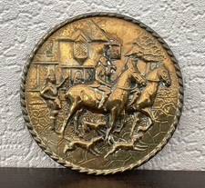 Pair Brass Embossed Wall Plates Hunting Horse Dog Scene And Galleon Sea Scene