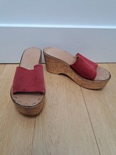 Dorothy Perkins Wedge Sandals Shoes UK4 Red Suede Faux Cork Platform 3.25"