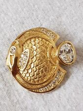 Vintage Signed Grossé Germany Gold Plated & Crystal Discus Fish Brooch 1.5"