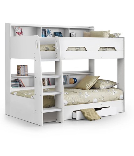 White bunk bed with - with, shelf