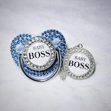 Dummy Clip Designer Bling Romany Boss Boys Blue Personalised Diamante Sparkle