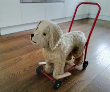 Vintage Dog on wheels Pedigree Ride-on Push-Along mohair mix plush