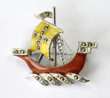 Vintage galleon ship brooch, enamel & marcasites