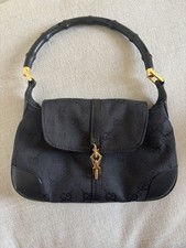 Gucci Black GG Canvas Leather Mini Jackie Bag with Bamboo Handle and Dust Bag