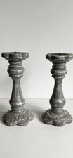 Pair Of Grey Carved Wooden Pillar Candle Holders