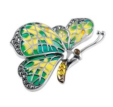Butterfly Pin Brooch 925 Sterling Silver Set With Enamel And Marcasite