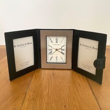 G. Collins & Sons Black Leather Cased Travel Alarm Clock Photo Frame Holder