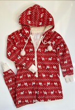 Abercrombie & Fitch Red Llama Print Hooded Holiday One Piece Pajamas Size M/L