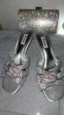 DUNE LOW HEEL SILVER CRYSTAL DIAMANTE ENCRUSTED SHOES & MATCHING BAG UK 5 38