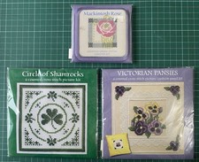 Textile Heritage Cross Stitch Kits X3 - Shamrocks - Pansies- Mackintosh Rose New