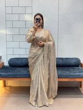 Shiny soft silk sequins embroidery saree indian wedding party wear designer sari