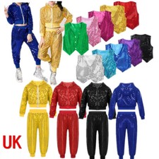 UK Boys Girls Kids Sequined Jazz Hip-Hop Street Dance Stage Performance Costume