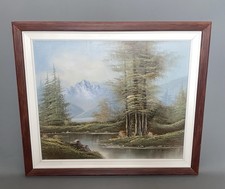 Vintage Scenic Mountains & Lake Wooden Framed Large Oil Painting by D. Balls.