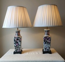 Pair Vintage Ceramic Lamp Bases Black Floral Pattern Square Vase Form Table Lamp