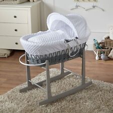 Moses Basket Baby Grey Wicker with Grey Rocking Stand – White Dimple