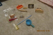 Dolls house items, wine bottle, toilet roll, picture frame