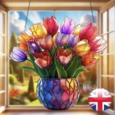 Tulips Vase Colourful Suncatcher Stained Glass Effect Home Hanging Decor Gift
