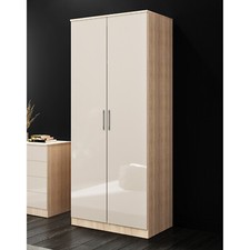 Bedroom 2 Door Wardrobe Storage Furniture with Rail & Wood Shelf Oak-Cream 
