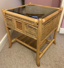 Vintage Wicker Bamboo Coffee Table Glass Top Two Tier Retro Square Rattan Woven