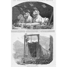 MENAI STRAITS Britannia Tubular Railway Bridge Carnarvon Shore Lion - Print 1849