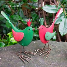 Pair of Garden Bird Ornaments Christmas Decorations, Red & Green Painted Metal