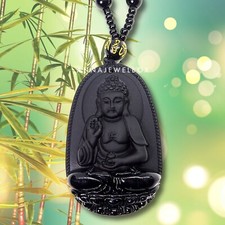 Fearless Protection Amulet Hand Carved Black Obsidian Buddha Pendant Necklace UK