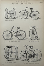 c.1870 Antique Cycle Print • Otto Dicycle, Tricycles & Safety Bikes • Engraving