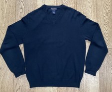 Brooks Brothers Men's Supima Cotton V-Neck Jumper Sweater Navy Blue Size Medium