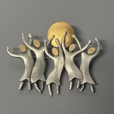 JJ Jonette Jewelry Dancing Figures Sun Brooch Pin Signed Two Tone Pewter Gold