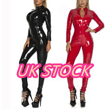 Women`Wet Look PVC Leather Long Sleeve Catsuit Bodysuit Zipper Full Body Leotard