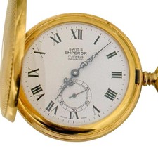 Vintage Swiss Emperor Full Hunter Pocket Watch Gold Plated Working VGC