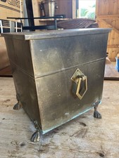 ART NOUVEAU BRASS COAL LOG BOX SCUTTLE with LID HANDLES & LION FEET
