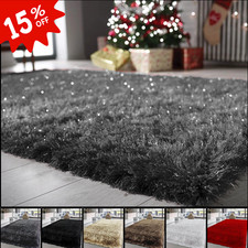 New Large Shaggy Rug Living Room Bedroom Shimmer Sparkle Fluffy Carpet Floor Mat
