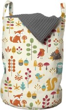 Ambesonne Cartoon Laundry Bag, Autumn Pattern Owl Fox 13" x 19", Cream Orange 