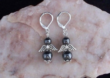 Hematite Guardian Angel, 925 Silver LeverBack Earrings. Handmade In Gift Bag