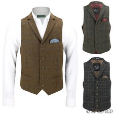 Mens Wool Mix Herringbone Tweed Check Vintage Collar Waistcoat Tailored Fit Vest