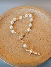 Gold coloured Mini one decade Rosary Ivory Faux Pearls Cross Jesus Christening