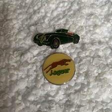 Job lot of 2 Jaguar XK120 classic car &emblem shaped metal lapel pins