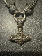 Viking Necklace Wolf Thors Hammer Pendant Stainless Steel Mens Jewellery