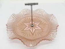 VINTAGE ART DECO PINK GLASS CAKE STAND PLATE WITH HANDLE SERVING TRAY
