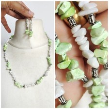 Light​ Green, White​ Stone Chip Beaded Necklace & Earrings Set