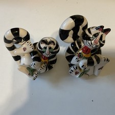Blue Sky Striped Cats Salt & Pepper Pots Signed Lynda Cornielle