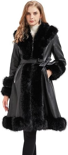 Women black leather coat fur - women's,