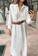 Zara NWT Women's Midi Oyster White Belted Collared Shirt Dress Size M R 8373/542