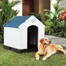 Large Dog Kennel House Durable Plastic Outdoor Indoor Blue White Shelter PetHome